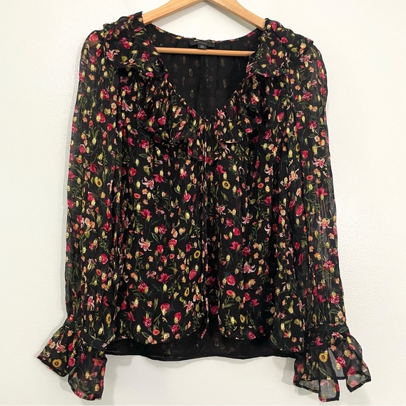 J. CREW Metallic Floral Ruffle Neck Long Sleeve Top M - Picture 1 of 12